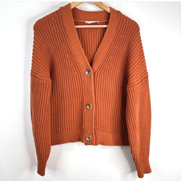 Everlane Texture Cotton Crop Cardigan L Cider Orange Chunky Ribbed Boxy Minimal - Picture 3 of 13
